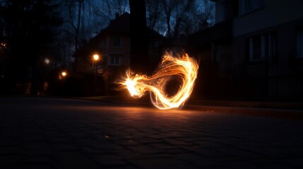Fototapete - Abstract light painting in street at dusk, features orange and yellow light trails, dark background with buildings and trees