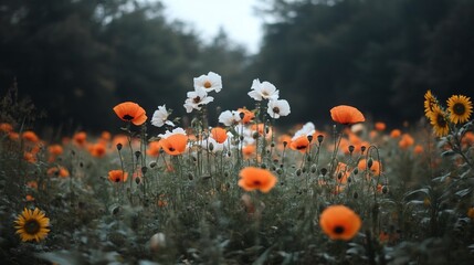 Aufkleber - Close up view of vibrant field of blooming orange and white poppy flowers. Soft focus creates a dreamlike atmosphere. Sunflowers and trees in the background