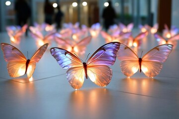 Poster - Illuminated butterfly art installation with glowing wings displayed on reflective flooring evoking a whimsical ambiance. Soft lighting creates a dreamlike atmosphere with blurred figures in the