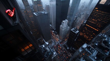 Poster - High-angle view of urban cityscape with towering skyscrapers illuminated against the dusk sky. The scene displays various shades of gray with hints of warm yellow lights reflecting a busy urban life