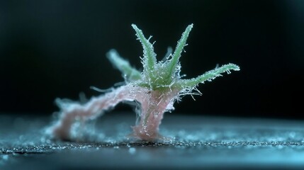 Fototapete - Abstract rendering of a detailed multi-colored microscopic structure against a dark background. The structure has a complex form of thin, hairy and granular appearance