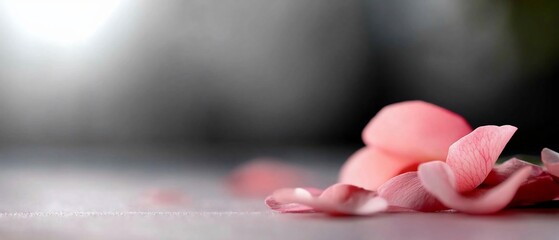 Aufkleber - Close-up view of delicate pink rose petals scattered on a light surface blurred backdrop evokes softness and serenity in this composition, the petals gently fall in a dreamy arrangement