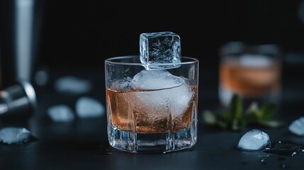 Poster - Close-up of a cocktail glass with ice and amber liquid against a dark background. The drink is surrounded by ice cubes and a mint sprig with bokeh and soft lighting
