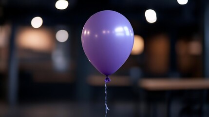 Poster - Single purple balloon floating against a blurred background of a warmly lit interior. The image highlights the balloon's smooth texture and subtle lighting