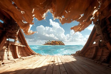 Aufkleber - View from a dilapidated wooden structure towards a tropical island scene featuring blue sea fluffy clouds and island. Dramatic lighting creates a sense of exploration and discovery