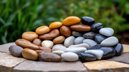 Poster - Close-up of polished river stones arranged in a gradient pattern showcasing various colors and textures against a blurred green background with stone bricks below