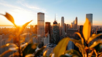Poster - A cityscape view at sunset. The image captures a vibrant cityscape illuminated by warm sunlight, with a blurred foreground of leaves