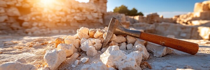Fototapete - Close-up of a chisel tool resting on a pile of white stone rubble. The scene is illuminated by warm sunlight creating a sense of work and history in the old structure