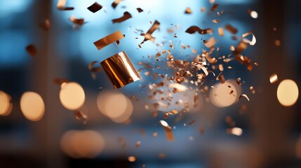 Aufkleber - Floating golden confetti in motion against a blurred background of soft lights creating a celebratory and dynamic visual effect. Focus on the textures and movement