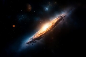 Aufkleber - Celestial landscape of a spiral galaxy illuminated by a central glow set against a deep cosmic backdrop featuring planetary bodies and scattered stars with an atmospheric color palette