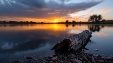 Aufkleber - Tranquil sunset over calm lake with vibrant orange and yellow hues reflecting in the water with a log in the foreground and clouds