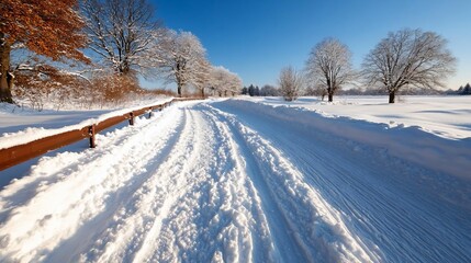 Leinwandbilder - Snow-covered road through a winter landscape with trees and a blue sky. The scene evokes a sense of tranquility and the crispness of a winter day
