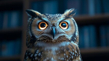 Aufkleber - Close-up portrait of a bird with detailed feather patterns and glowing orange eyes against a blurred background of bookshelves in cool-toned lighting