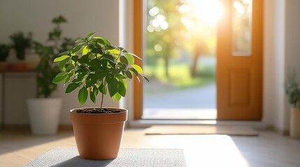 Poster - A potted green plant is illuminated by bright sunlight streaming through an open doorway a mat and blurred background create a serene indoor atmosphere