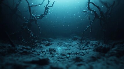 Poster - Dark underwater scene with abstract shapes and glowing particles creating a mysterious atmosphere