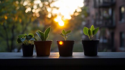 Poster - Silhouette of potted plants in a row against a blurred background of sunset and buildings