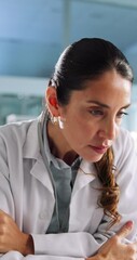Aufkleber - Science, microscope and woman in laboratory for research, development or virus inspection. Laptop, results and scientist with equipment for online medical study, innovation and biotech engineering