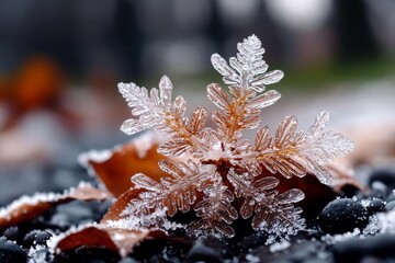 Poster - Macro shot of a delicate snowflake resting on a brown autumn leaf with icy details against a blurred dark backdrop capturing winter's beauty