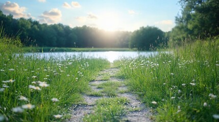 Aufkleber - A serene path leads to a tranquil lake surrounded by lush greenery under a bright sun with a backdrop of a dense forest in daylight showcasing a sense of peace and natural beauty