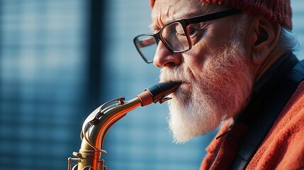 Aufkleber - Close-up of an elderly man playing a saxophone outdoors. He is wearing glasses and a red cap. The image is lit with a mix of natural and artificial light