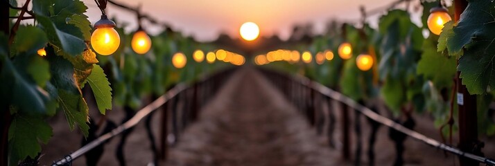 Leinwandbilder - Generic landscape at sunset features string lights creating warm ambiance. Rows of plants extend towards the setting sun. Blurred background adds depth and focus on details
