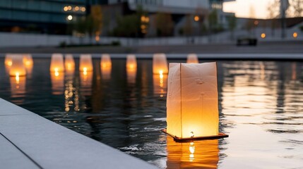 Aufkleber - Floating lanterns illuminate a tranquil water surface reflecting soft golden light evoking peaceful ambiance. The scene includes a concrete edge with blurred background lights creating a serene