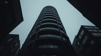 Poster - Low angle view of a modern cylindrical high-rise building under a cloudy sky framed by adjacent buildings. The architecture is dark with a moody overcast atmosphere