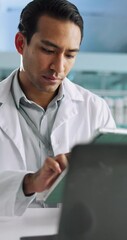 Aufkleber - Science, microscope and man in laboratory with tablet for research, development or test. Digital app, results and scientist with equipment for online medical study, innovation or biotech engineering