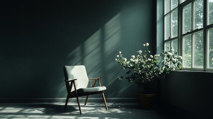 Poster - A sunlit interior scene showcasing an armchair and potted plant beside a window. The room features a dark wall and strong light and shadow play