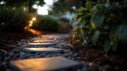 Aufkleber - Stone pathway with pebbles and plants illuminated by soft outdoor lighting during twilight hours. Wet leaves and blurred background enhance the tranquil scene