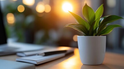 Poster - Close-up of a potted green plant on a wooden desk bathed in warm sunlight with a blurred background featuring a laptop and notebook
