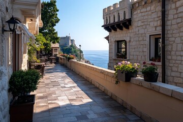 Poster - Picturesque stone architecture promenade with cafe tables overlooking the turquoise sea under a clear sky. Sunlight casts long shadows creating a vibrant atmosphere