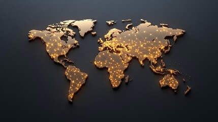 Leinwandbilder - Gleaming gold world map with illuminated city lights set against a dark background evoking a sense of global connectivity and data visualization