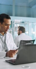 Aufkleber - Scientist, man and microscope with clipboard in laboratory for medical research, test results and experiment innovation. Laptop, science and employee with checklist for pharmaceutical study or report