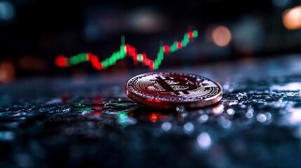 Aufkleber - Close-up of a coin on a wet surface with a blurred background and a rising green and red graph representing financial growth or trading activity