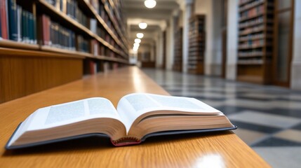 Poster - Open book on wooden table in library with long corridor of bookshelves blurred background. Warm lighting, academic environment