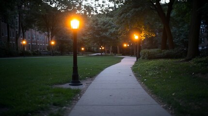Poster - Pathway illuminated by streetlights through a park. Evening scene with green grass and trees, leading towards a blurred background. Warm light contrasts against the cool dark backdrop