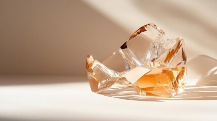 Poster - Close up of a geometric transparent glass object with warm lighting casting shadows on a white surface