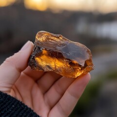 Fototapete - Close up view of a hand holding a piece of amber stone with light reflections and blurred background
