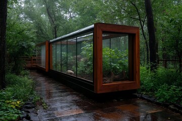 Poster - A modern glass and wood structure blends into a verdant forest with a rain-slicked path beneath overcast skies creating a tranquil outdoor scene