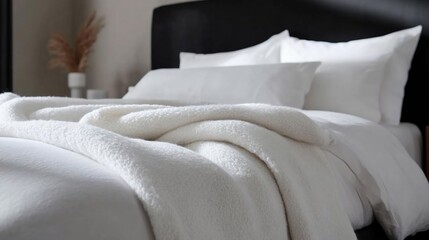 Poster - Close up shot of a neatly made bed with white sheets and a fluffy blanket. The bed is set against a dark headboard and a neutral wall