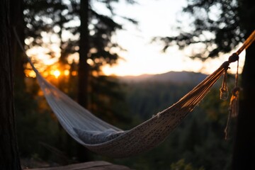 Poster - A white hammock hangs between trees with a sunset in the background casting a warm glow over a forest landscape