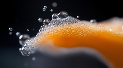 Leinwandbilder - Macro shot of orange foam with clear water droplets against a dark background showcasing texture and bubbles