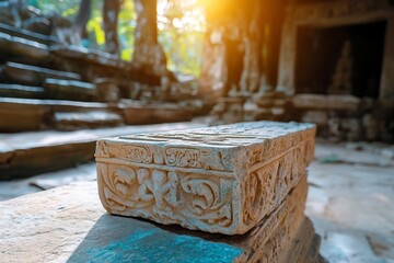 Poster - Close-up view of an ornate carved stone block set in a ruined temple with sunlight. Ancient architecture details with a blurred background of the temple structure and lush green foliage