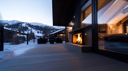 Aufkleber - Exterior dusk view of a modern building with a lit fireplace reflecting in the window. Snow covered terrace with mountain in the background