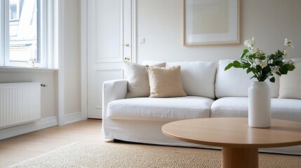 Poster - Bright living room interior with white sofa wooden table flower vase natural light and neutral color palette creating calm atmosphere