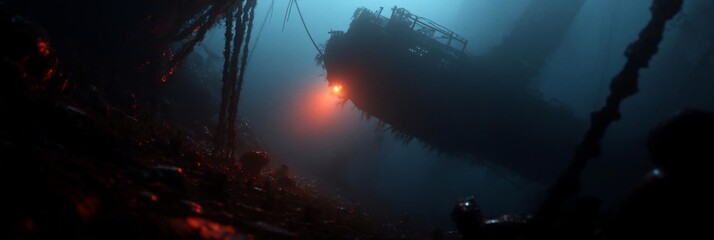 Poster - An eerie underwater scene with a massive structure casting a long shadow A solitary red light illuminates the darkness Dark tones create an atmosphere of mystery