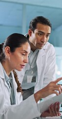 Aufkleber - Collaboration, scientist and people with documents, lab and medical research with computer or discussion. Innovation, woman and teamwork with paperwork to identify genetic mutations, talking and tech