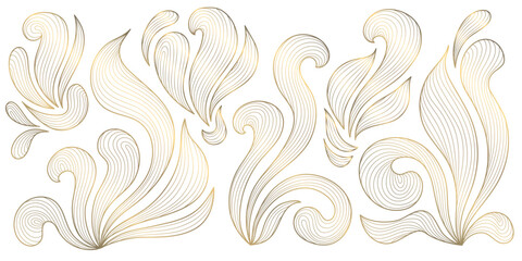 Wall Mural - vector set of abstract line wave elements, art deco golden swirl luxury shapes, leaves, flow water t