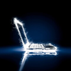 Poster - Electric Dreams: A Laptop Illuminated with Glowing Energy on Dark Background, Suggesting Power and Innovation